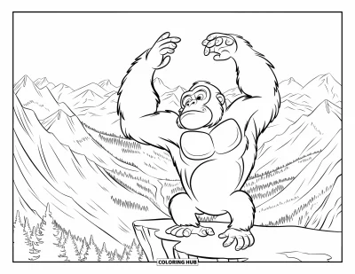 Dibujo de gorila para colorear para niños: Un gorila se estira en una cornisa, mirando sobre picos, valles y bosques distantes