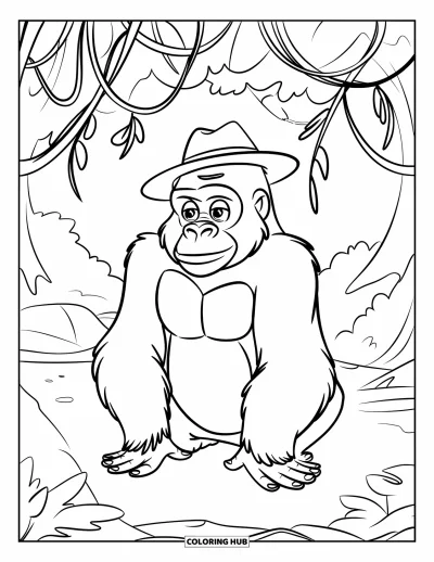 Dibujo de gorila para colorear para niños: Un gorila con sombrero se sienta con calma en un claro tranquilo de la jungla