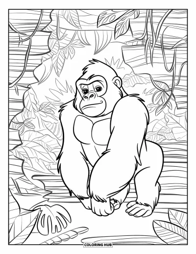Dibujo de gorila para colorear para niños: Un gorila con sombrero camina a través de una jungla en capas llena de lianas y plantas