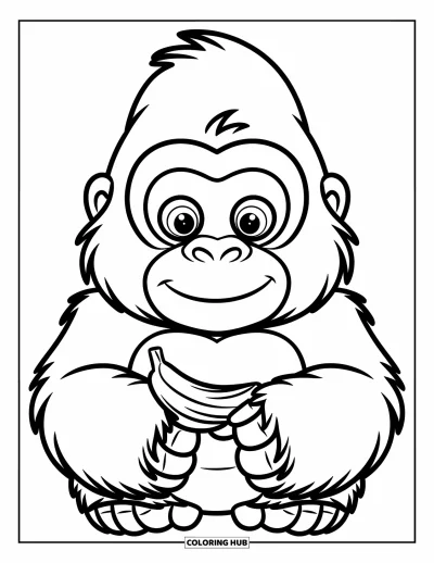 Dibujo de gorila para colorear para niños: Un gorila con una sonrisa amable sostiene un plátano y mira hacia adelante