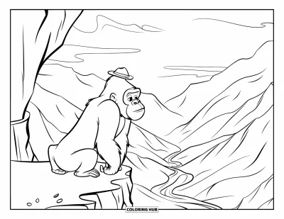 Dibujo de gorila para colorear para niños: Un gorila con sombrero descansa contra un acantilado, con vistas a un río de montaña serpenteante