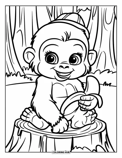 Dibujo de gorila para colorear para niños: Un gorila con un pequeño sombrero sostiene un plátano mientras está sentado en un tocón