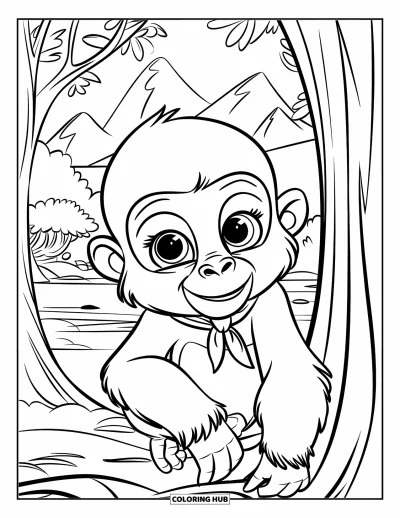 Dibujo de gorila para colorear para niños: Un gorila con una bufanda asoma desde un árbol cerca de una vista tranquila del lago