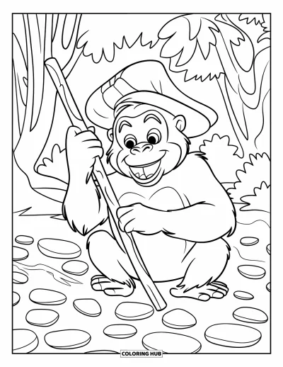 Dibujo de gorilas para colorear para niños: Un gorila con un palo entre las piedras en un bosque sereno