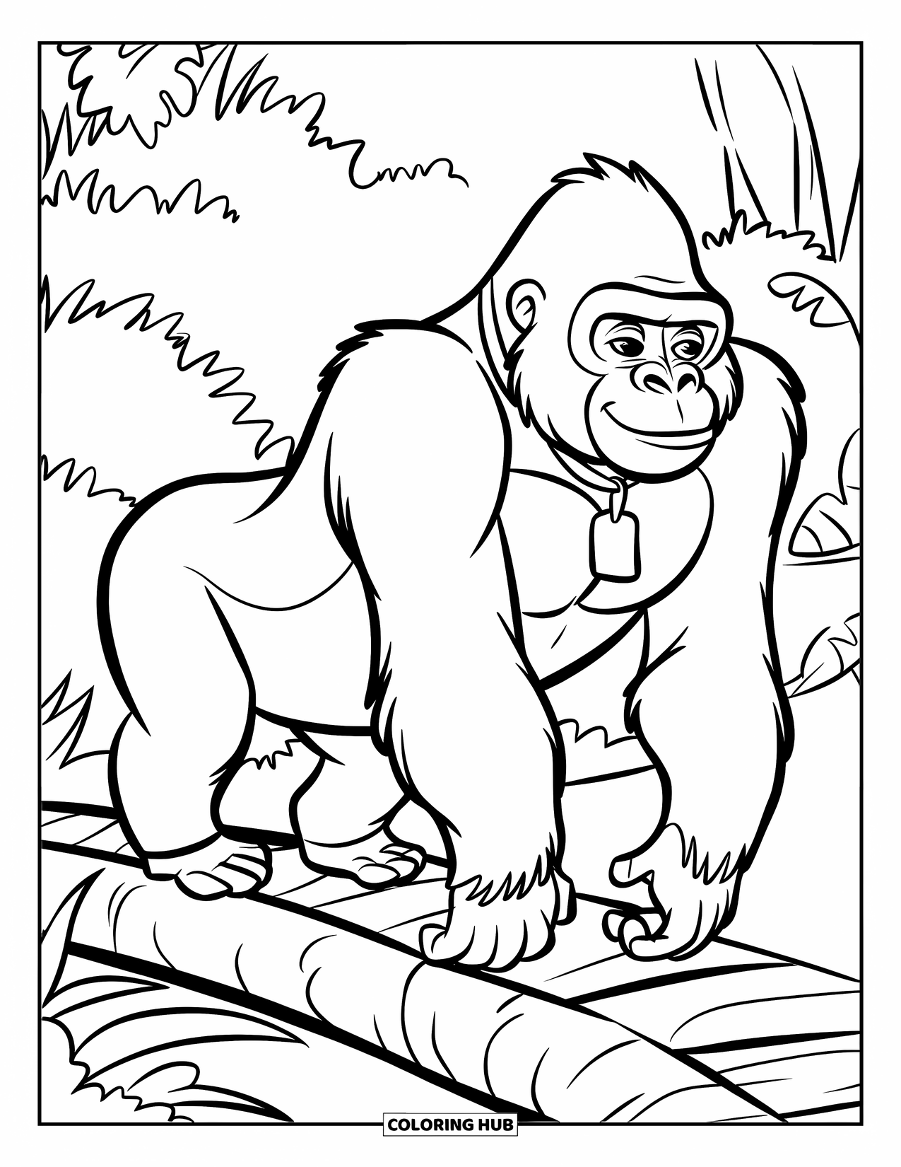 Gorilla Kleurplaat voor Kinderen: Gorilla met een label loopt over een rivier op een boomstam brug, omringd door bomen