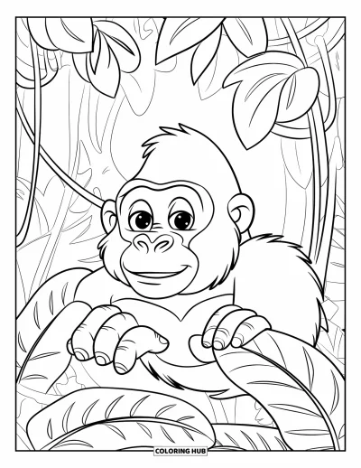 Dibujo de gorila para colorear para niños: Un gorila con ojos brillantes mira a través de las hojas de la jungla en un bosque denso