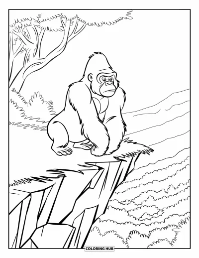 Dibujo de gorila para colorear para niños: Un gorila con las piernas cruzadas disfruta de la vista sobre una selva profunda