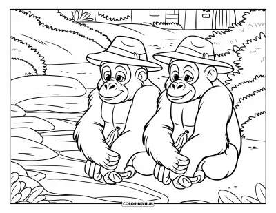 Dibujo de gorila para colorear para niños: Gorilas con sombreros disfrutan de plátanos junto a vegetación y edificios distantes