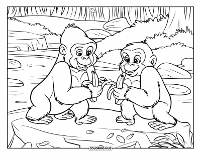 Dibujo de gorila para colorear para niños: Los gorilas se sientan felices en las rocas, comiendo plátanos en un claro del bosque