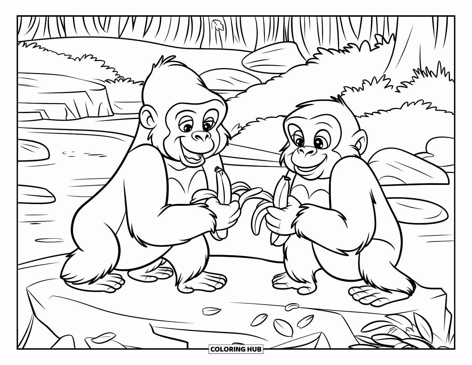 Gorilla Kleurplaat voor Kinderen: Gorilla's zitten vrolijk op rotsen en eten bananen op een open plek in het bos