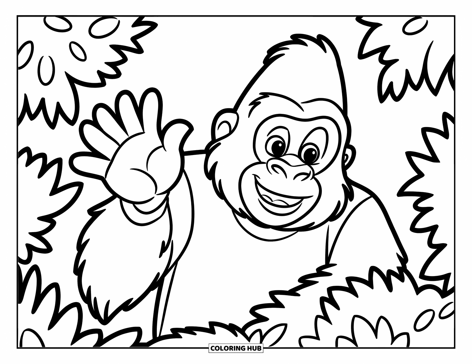 Gorilla Kleurplaat voor Kinderen: Blije gorilla in een shirt zwaait van achter een eenvoudige bladerrijke struik