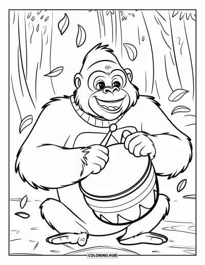 Dibujo de gorila para colorear para niños: Un gorila feliz con un suéter tamborilea su pecho en el bosque