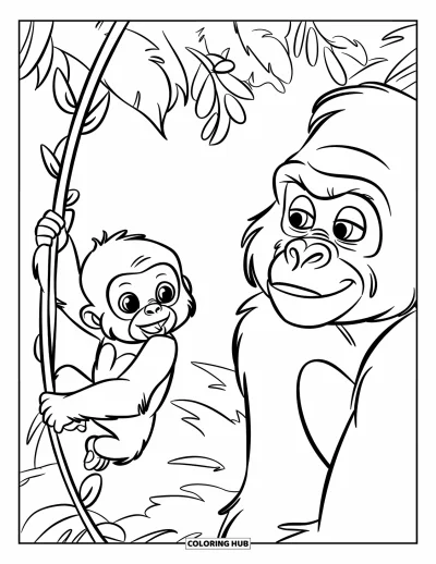 Dibujo de gorilas para colorear para niños: Un gorila pequeño trepa una liana mientras su madre lo observa en la selva