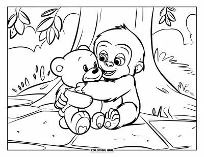 Dibujo de gorila para colorear para niños: Un pequeño gorila abraza a su oso de peluche mientras está sentado en un suelo rocoso