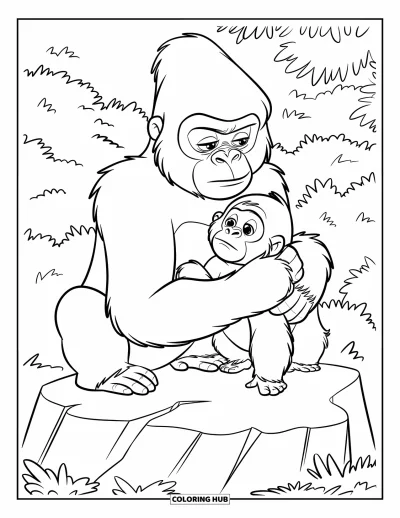 Dibujo de gorila para colorear para niños: Madre y bebé gorila comparten un momento tranquilo de acicalamiento en un bosque bañado por el sol