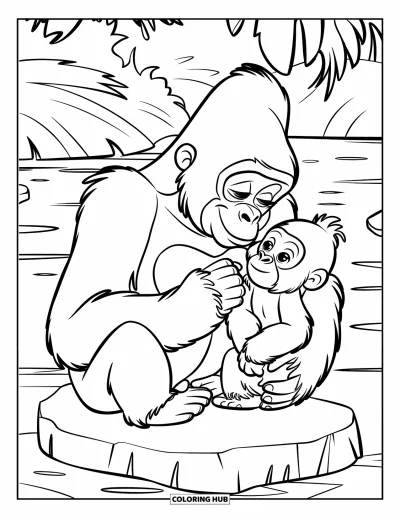 Dibujo de gorila para colorear para niños: Una madre gorila acicala suavemente a su bebé sobre una roca en el bosque