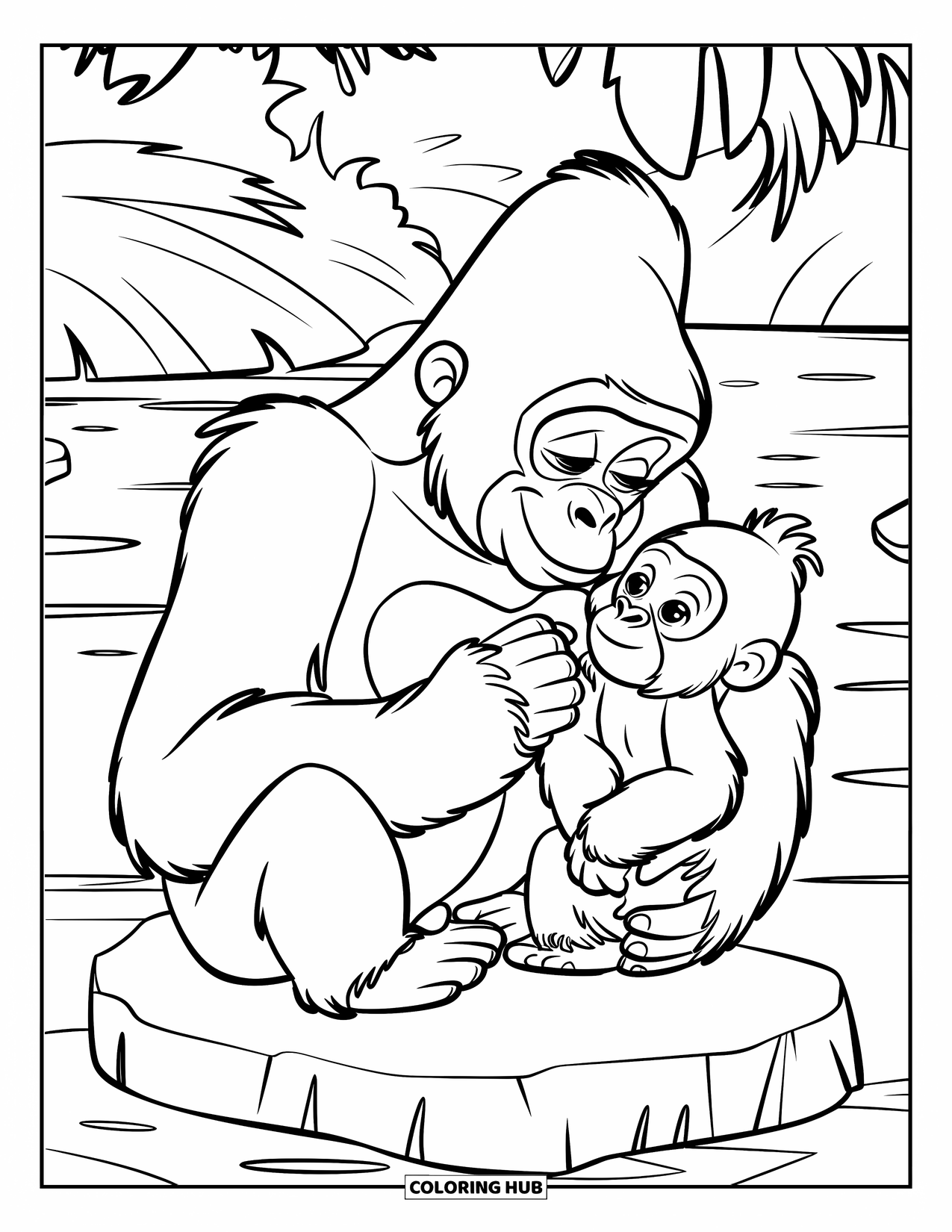 Gorilla Kleurplaat voor Kinderen: Moeder gorilla verzorgt zachtjes haar baby op een rots in het bos