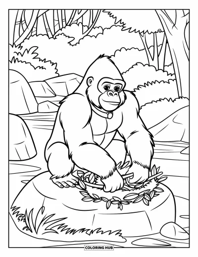 Dibujo de gorila para colorear para niños: Un gorila musculoso hace un nido cerca de un río del bosque con rocas y árboles