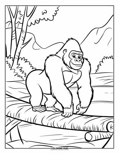 Dibujo de gorila para colorear para niños: Un gorila musculoso camina a través de un puente de tronco entre dos acantilados boscosos