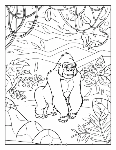 Dibujo de gorila para colorear para niños: Un gorila pacífico con una camisa camina con calma a través de una jungla densa y frondosa