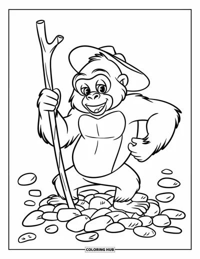 Dibujo de gorila para colorear para niños: Un gorila juguetón con un sombrero sostiene un palo mientras está de pie sobre guijarros dispersos