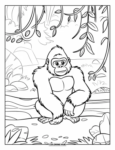 Dibujo de gorilas para colorear para niños: Un gorila tranquilo descansa sobre un tronco en un claro de la selva rodeado de lianas
