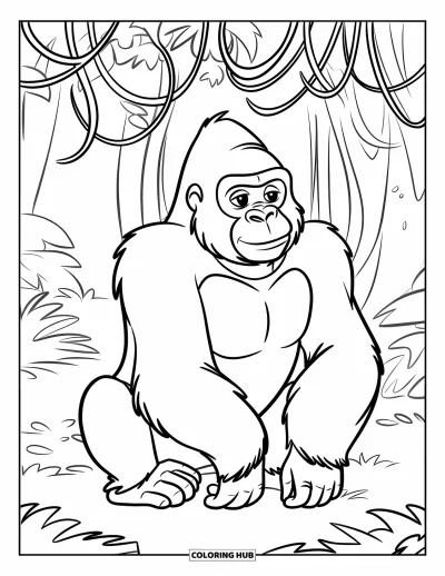 Dibujo de gorilas para colorear para niños: Un gorila sereno con collar disfruta de un momento tranquilo en un claro de la selva