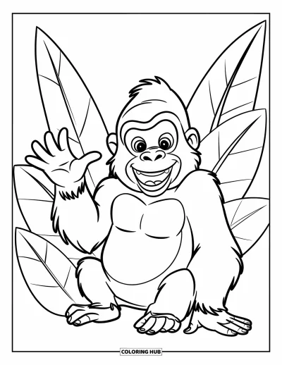 Dibujo de gorila para colorear para niños: Un gorila sonriente saluda junto a grandes hojas en una escena limpia y sencilla