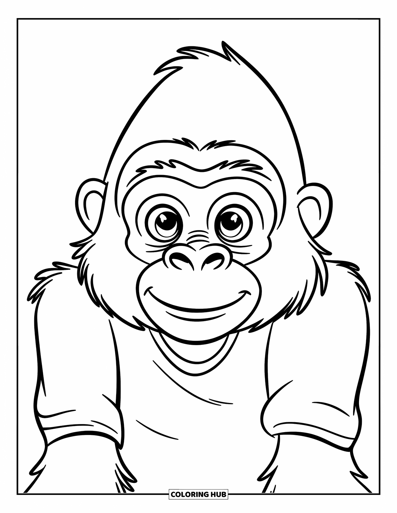 Gorilla Kleurplaat voor Kinderen: Glimlachende gorilla met ronde ogen kijkt naar voren in een heldere en eenvoudige scène