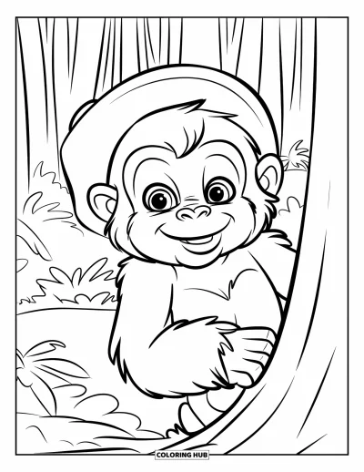 Dibujo de gorila para colorear para niños: Un joven gorila sonriente mira detrás de un árbol con un pequeño sombrero divertido