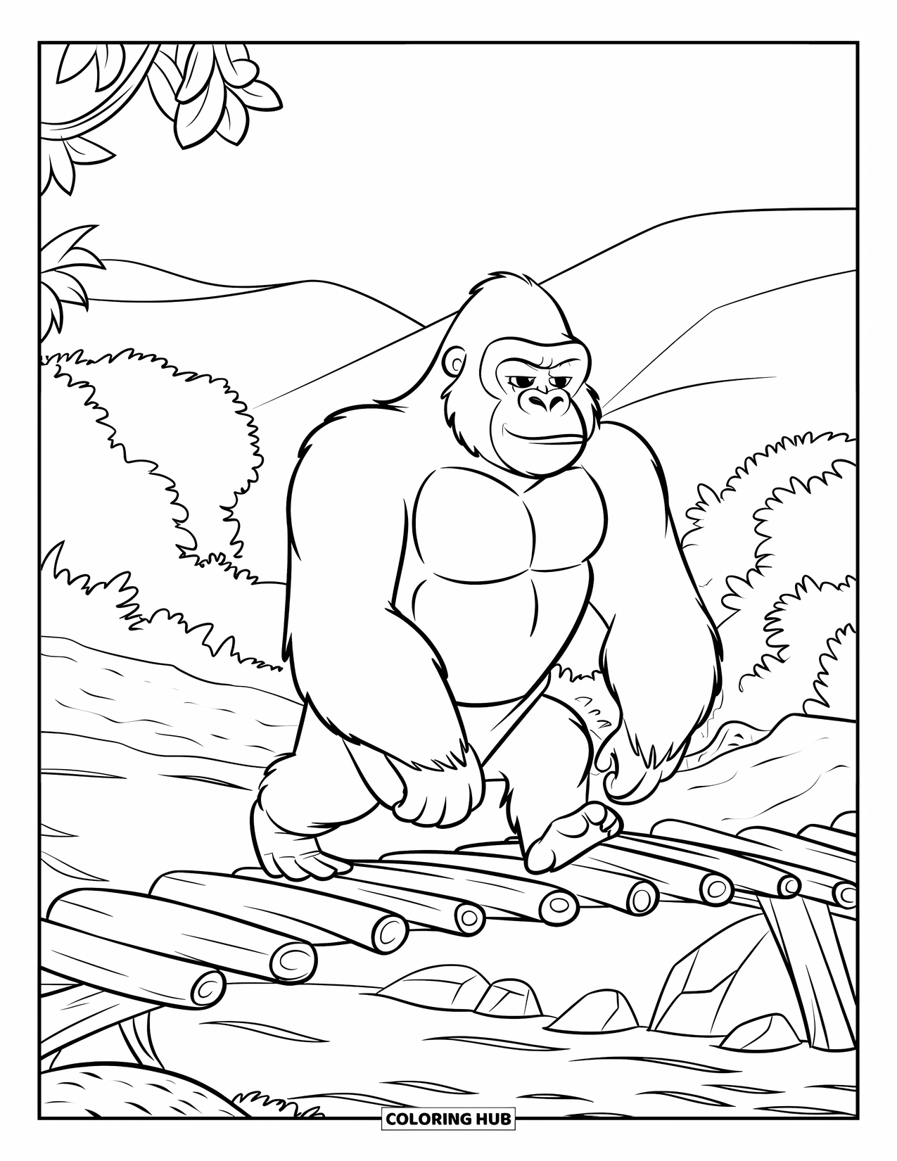 Gorilla Kleurplaat voor Kinderen: Sterke gorilla steekt een boomstam brug over een rivier over met bomen eromheen