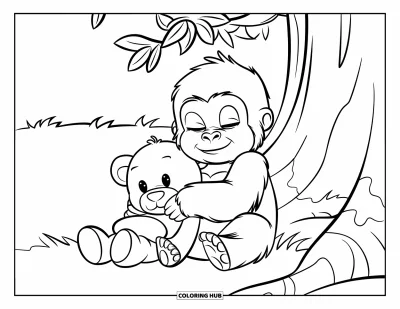 Dibujo de gorila para colorear para niños: Un dulce gorila abraza a su oso de peluche junto a un árbol en un campo de hierba