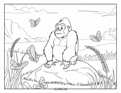 Dibujo de gorila para colorear para niños: Un gorila pensativo se sienta con mariposas y hierba alta ondulada alrededor
