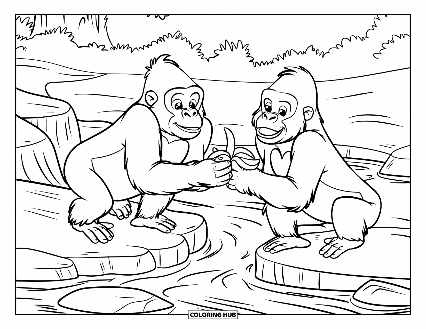 Gorilla Kleurplaat voor Kinderen: Twee gorilla's delen bananen terwijl ze in de buurt van een rotsachtige beek zitten