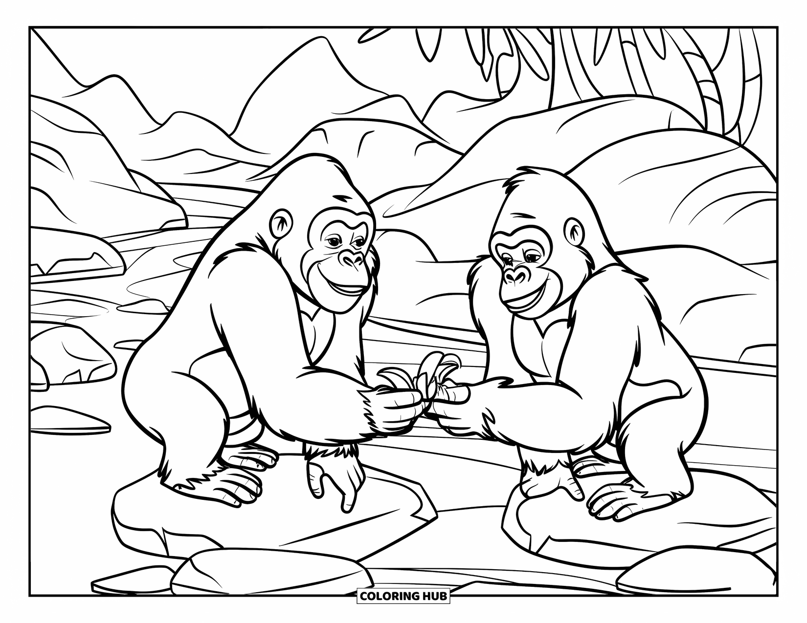 Gorilla Kleurplaat voor Kinderen: Twee gorilla's snacken op bananen in de buurt van een bergrivier en bos