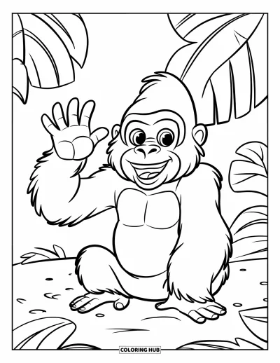 Dibujo de gorila para colorear para niños: Un gorila saludando con una gran sonrisa se sienta cerca de las hojas en una pose juguetona