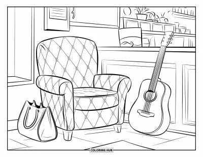 Coloriage de guitare pour adultes : un coin café a une chaise confortable, une guitare et un tableau noir sur le mur