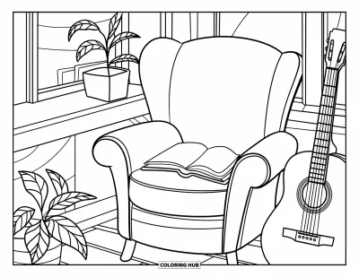 Coloriage Guitare pour adultes : Un coin café confortable comprend une chaise, des plantes en pot et une guitare reposant