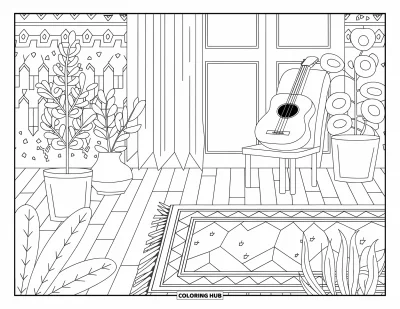 Coloriage de guitare pour adultes : une pièce confortable comprend une chaise, des plantes et une guitare sous une fenêtre à rideaux