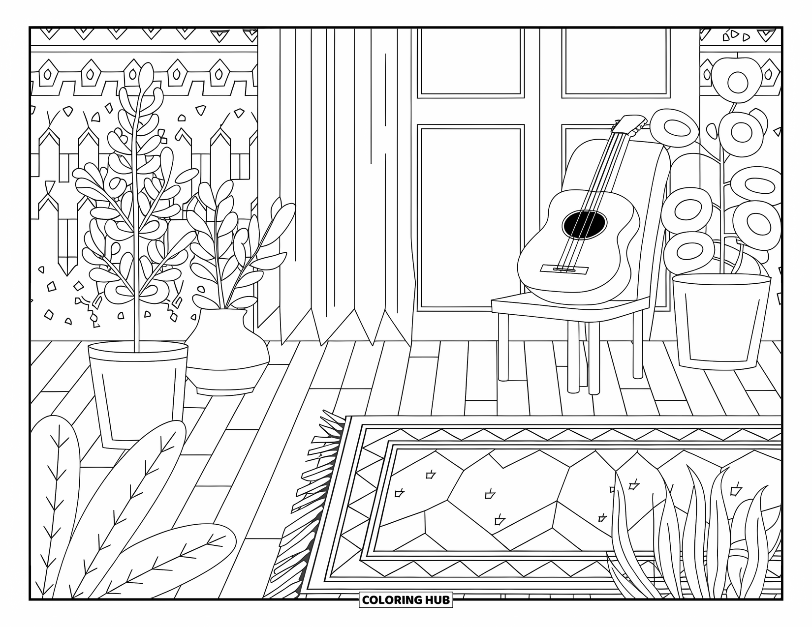 Gitaar Kleurplaat voor Volwassenen: Een gezellige kamer heeft een stoel, planten en een gitaar onder een gordijn
