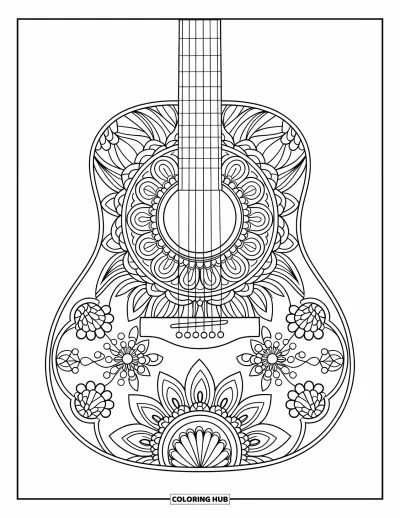 Coloriage de guitare pour adultes : un motif de guitare mandala détaillé invite au calme et à la créativité à chaque courbe