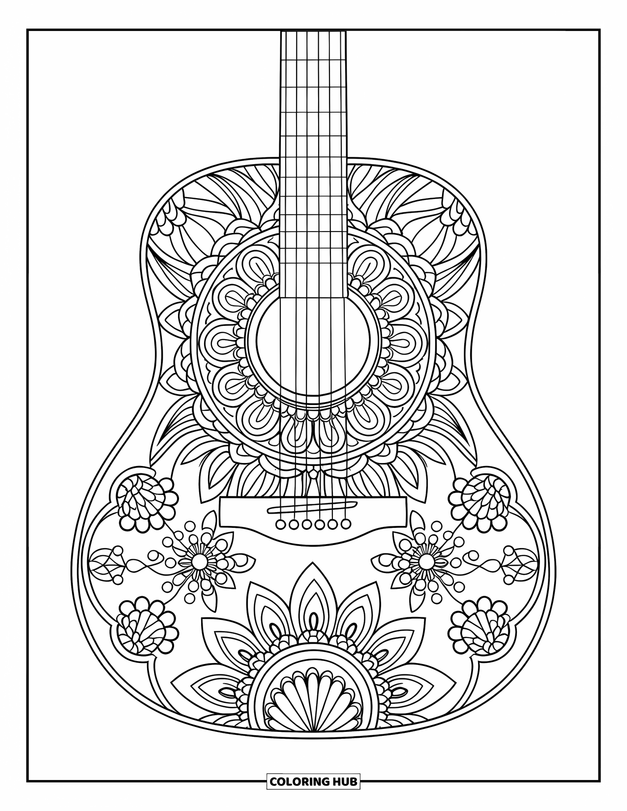 Gitaar Kleurplaat voor Volwassenen: Een gedetailleerd mandala gitaarontwerp nodigt uit tot rust en creativiteit met elke curve
