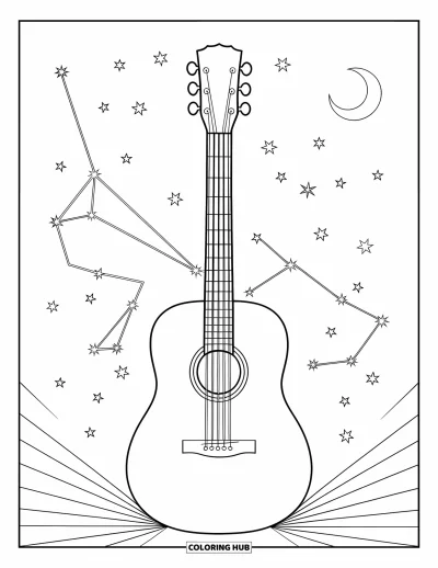 Coloriage Guitare pour adultes : Une scène de rêve montre une guitare se fondant dans des constellations sous un ciel éclairé par la lune