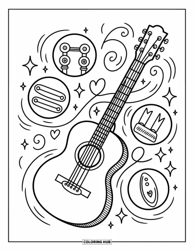 Coloriage Guitare pour adultes : Une guitare kawaii flottante est entourée de jolis gros plans de cordes, de chevilles et de médiators