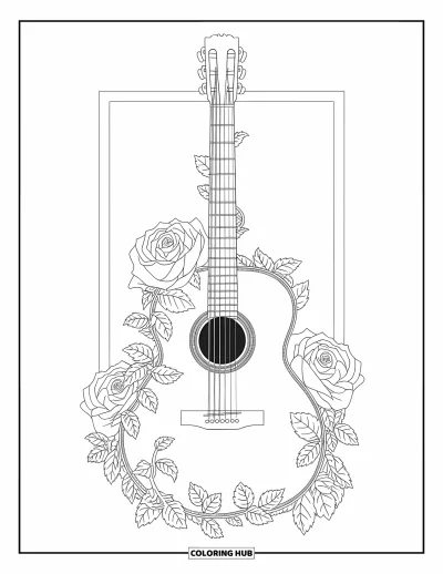 Coloriage Guitare pour adultes : Une guitare gracieuse est entourée de vignes et de roses en fleurs