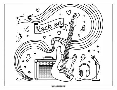 Coloriage Guitare pour adultes : Une guitare et un ampli sont placés parmi des notes tourbillonnantes, des cœurs et des éclairs avec un charme ludique