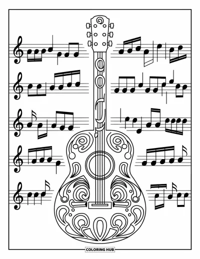 Coloriage de guitare pour adultes : une guitare construite à partir de clés de sol et de portées musicales se distingue par des motifs détaillés