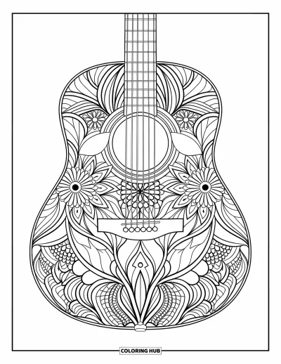 Coloriage de guitare pour adultes : une guitare remplie de mandalas floraux offre un design relaxant et détaillé