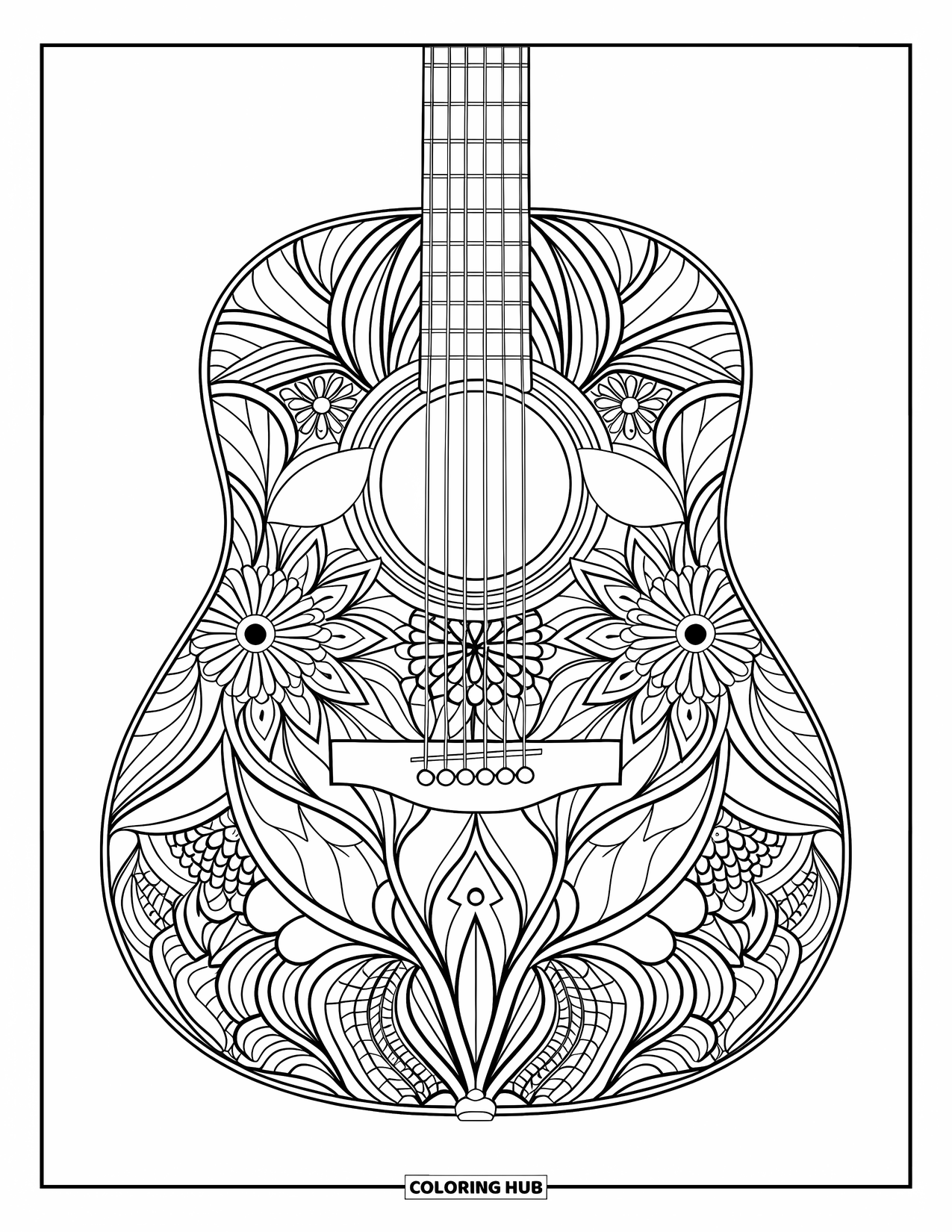 Gitaar Kleurplaat voor Volwassenen: Een gitaar gevuld met bloemenmandala's biedt een ontspannend, gedetailleerd ontwerp