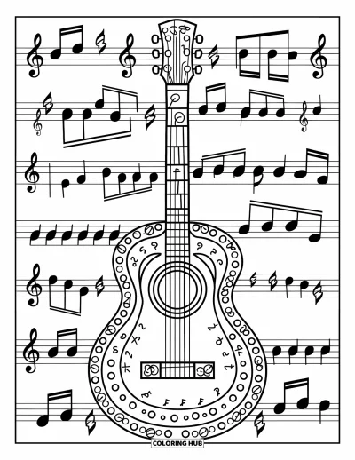 Coloriage Guitare pour adultes : Une guitare formée de clés, de notes et de silences flotte au-dessus d’un fond sur le thème de la musique